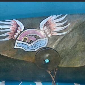 VINTAGE 90’s LARGE ROCK N ROLL HANDPAINTED LEATHER BAG w/ TURQUOISE GEMSTONE